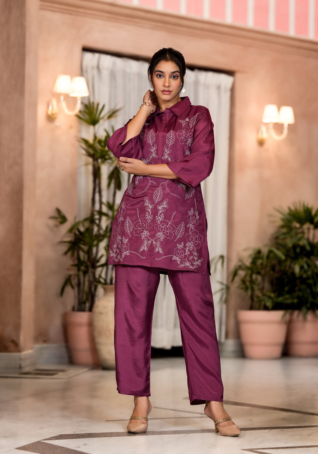 Magenta Soft Silk Co-ord Set with Embroidered Top