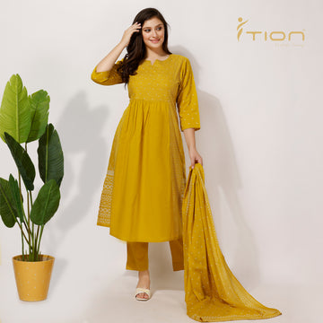 Cotton A Line Dress With Bandhani Print