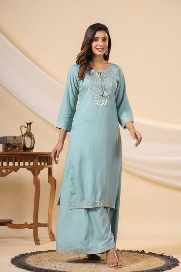 Soft Cotton Plazo Set with Embroidered Border and Neckline