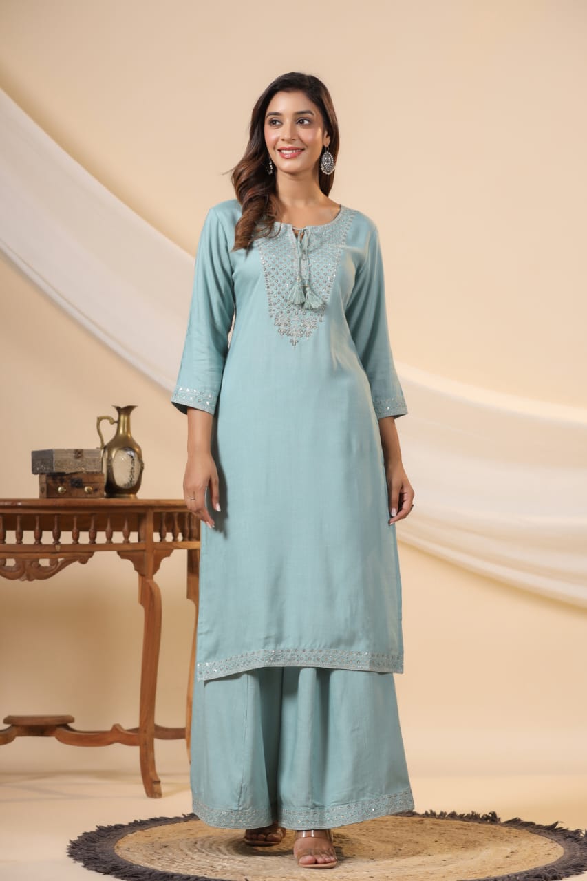 Soft Cotton Plazo Set with Embroidered Border and Neckline