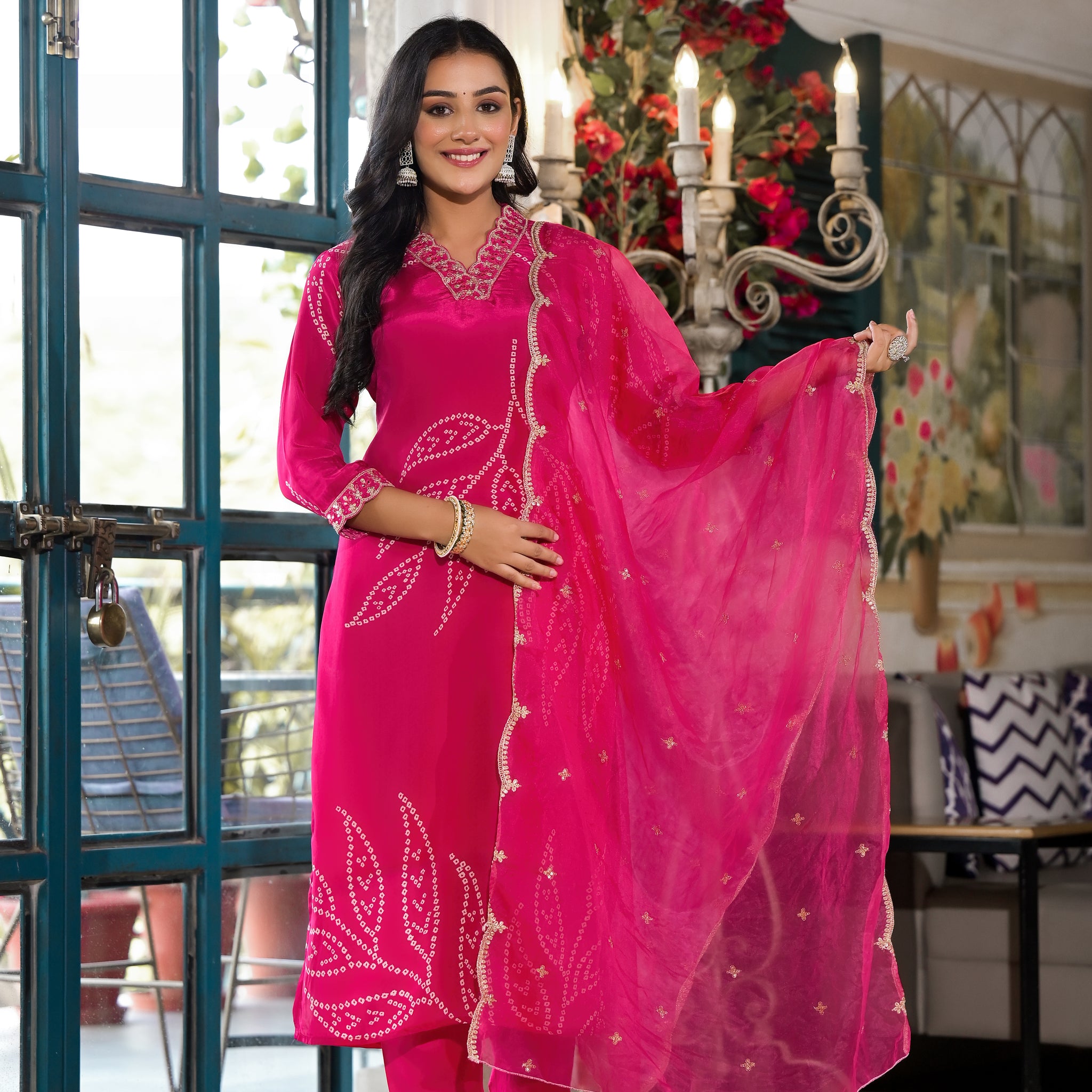 Bandini Bliss: Pure Silk Crepe Dupatta Set Pink