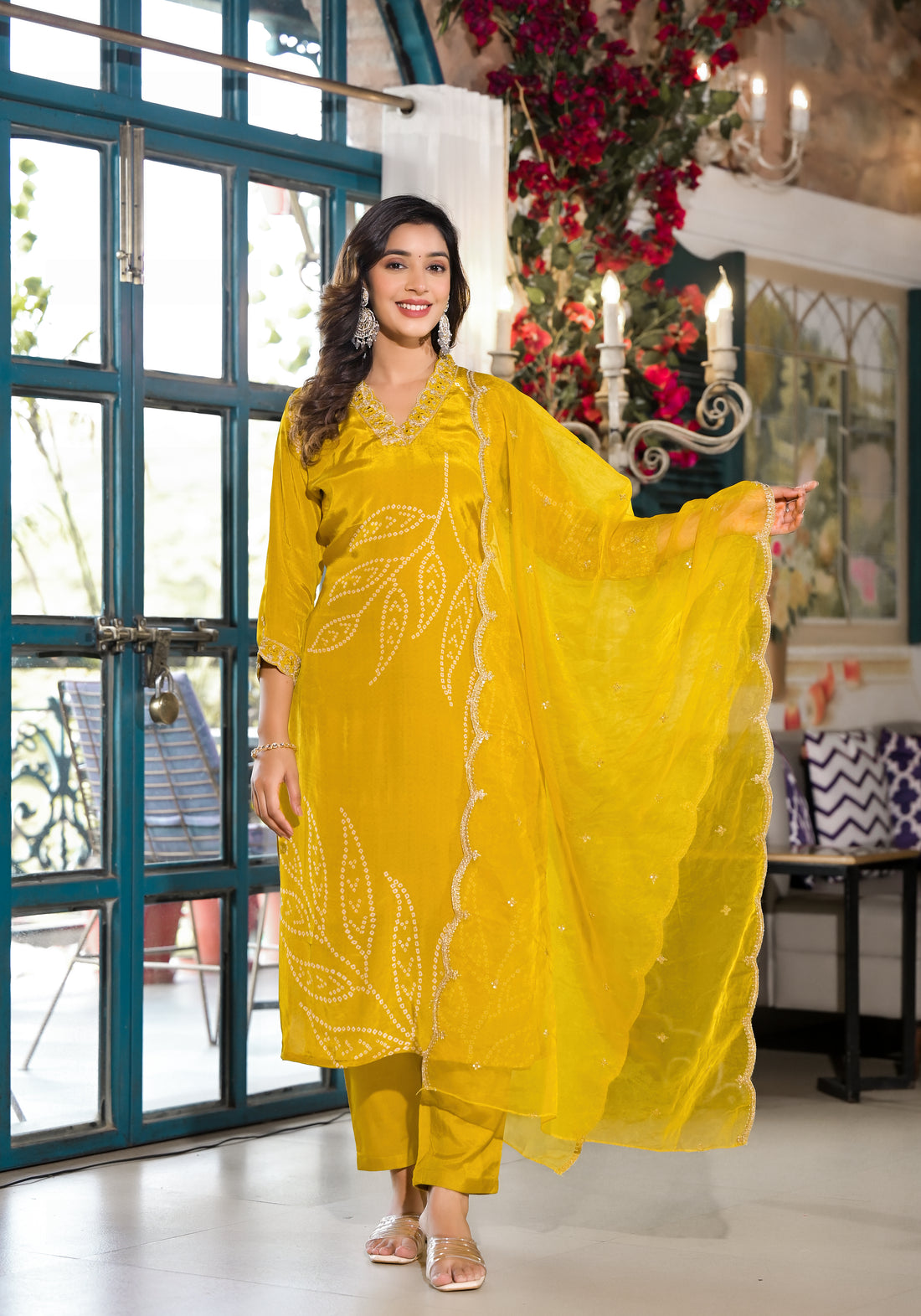 Bandini Bliss: Pure Silk Crepe Dupatta Set Mustard