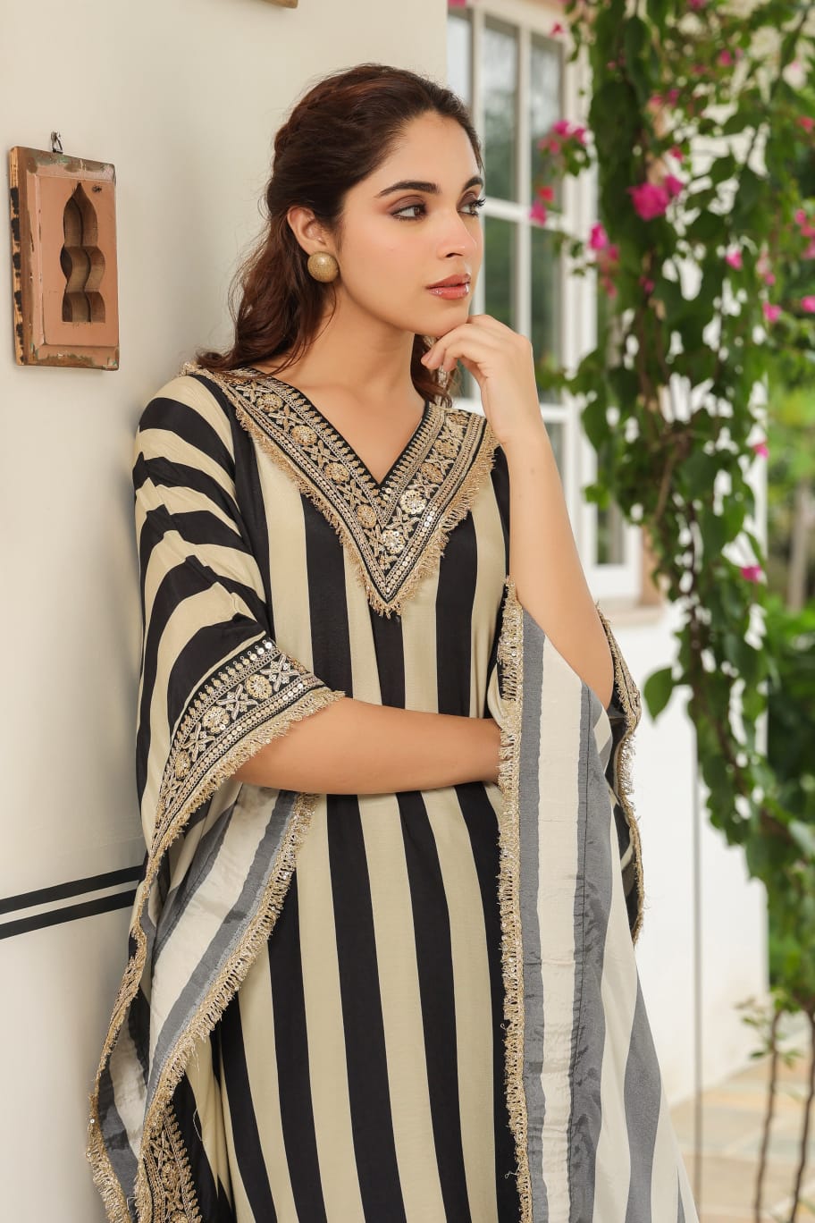 Black and Beige Striped Kaftan Kurta Set.