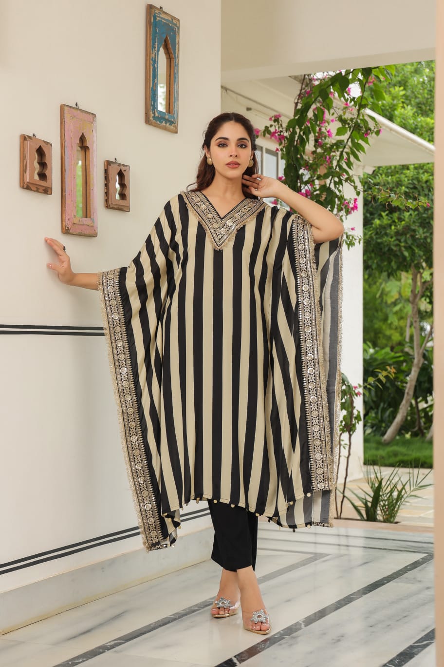 Black and Beige Striped Kaftan Kurta Set.