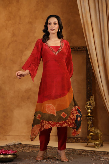 Elegant Red Muslin Silk Kurta Set