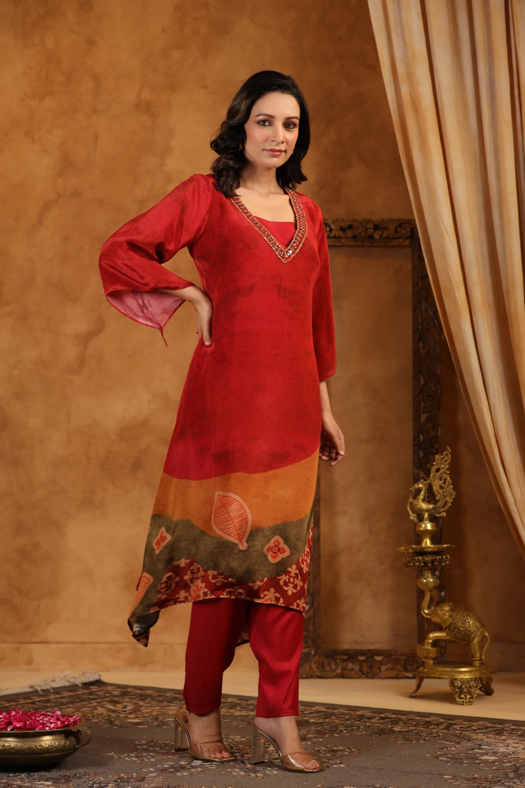 Elegant Red Muslin Silk Kurta Set