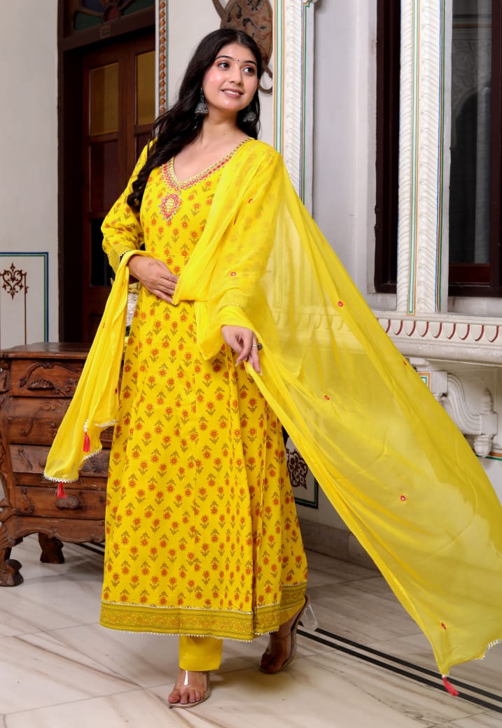 Bright Yellow Cotton Anarkali Suit with Dupatta